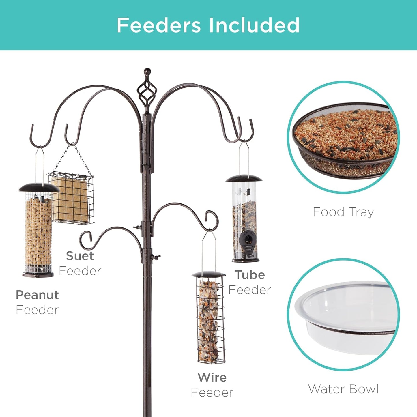 6-Hook Bird Feeding Station, Steel Multi-Feeder Kit Stand for Attracting Wild Birds W/ 4 Bird Feeders, Mesh Tray, Bird Bath, 5-Prong Base - Bronze