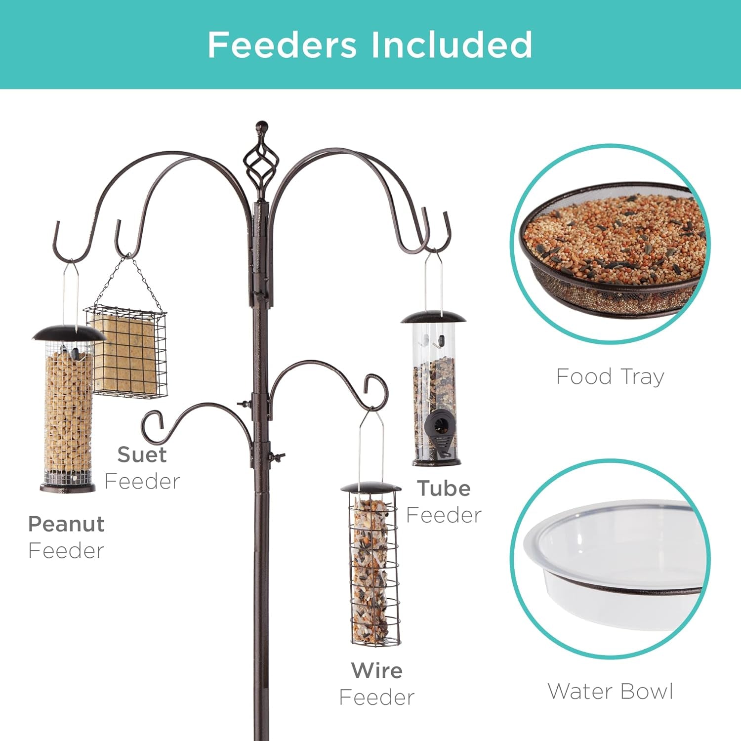 6-Hook Bird Feeding Station, Steel Multi-Feeder Kit Stand for Attracting Wild Birds W/ 4 Bird Feeders, Mesh Tray, Bird Bath, 5-Prong Base - Bronze