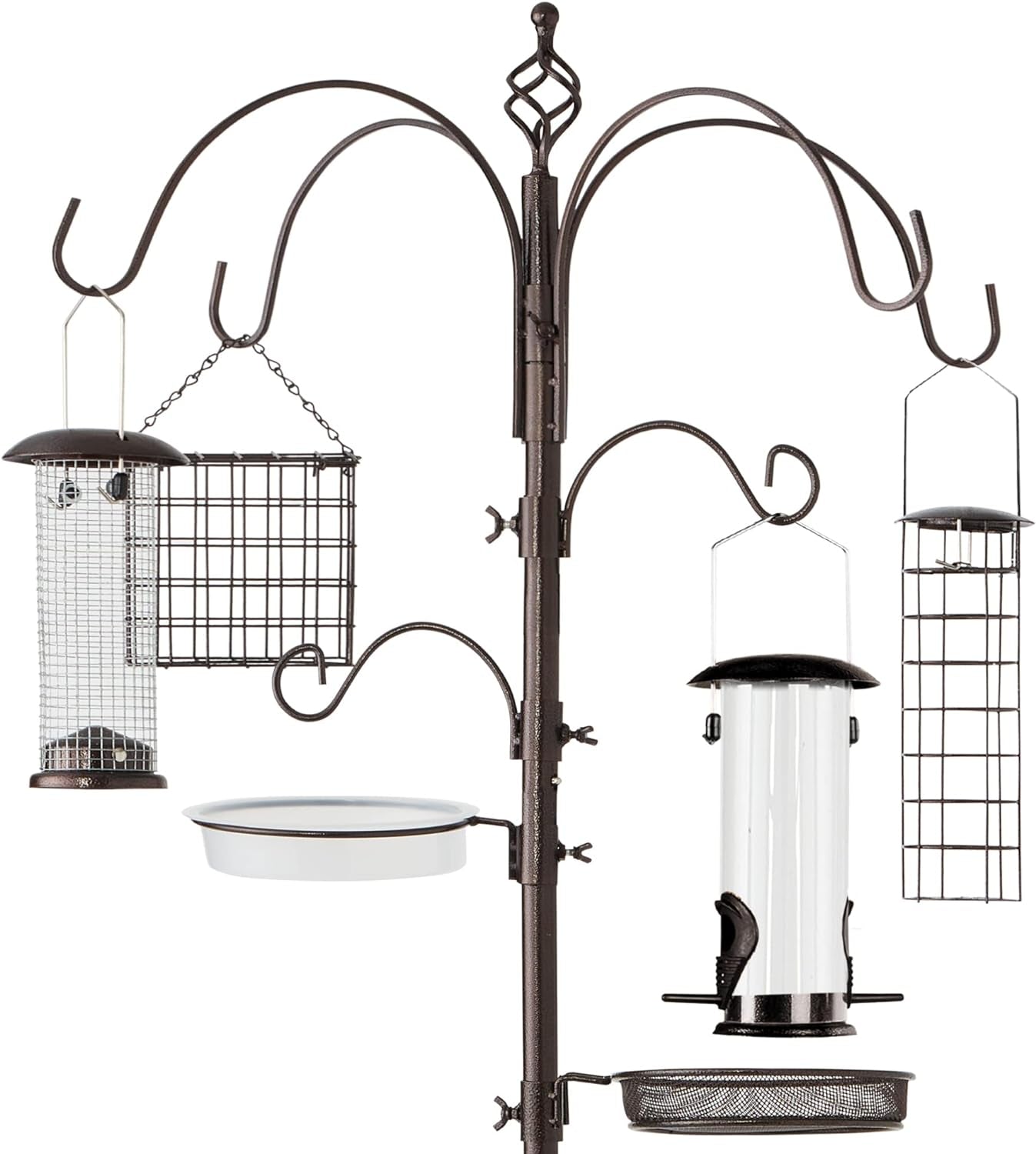 6-Hook Bird Feeding Station, Steel Multi-Feeder Kit Stand for Attracting Wild Birds W/ 4 Bird Feeders, Mesh Tray, Bird Bath, 5-Prong Base - Bronze