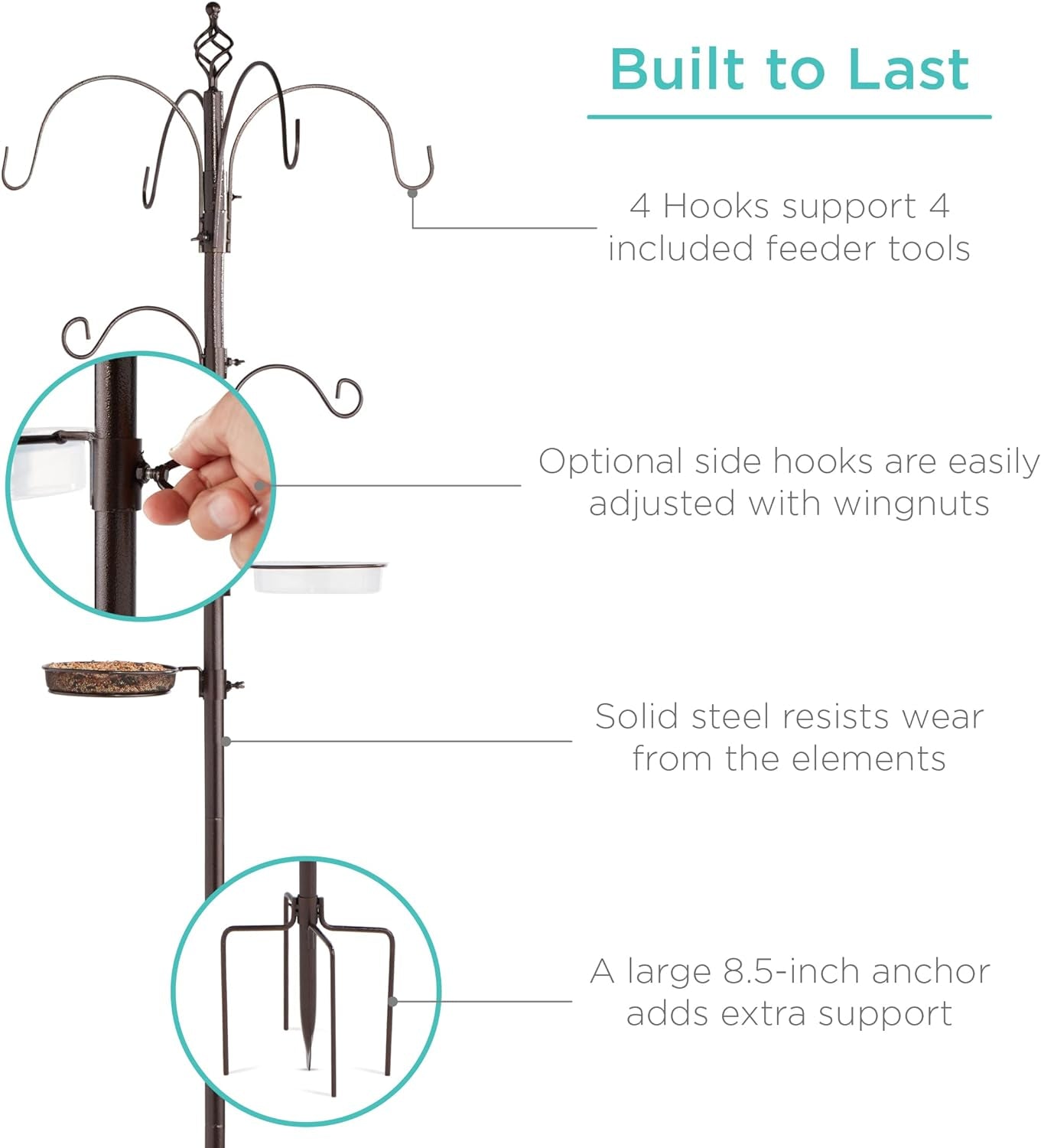 6-Hook Bird Feeding Station, Steel Multi-Feeder Kit Stand for Attracting Wild Birds W/ 4 Bird Feeders, Mesh Tray, Bird Bath, 5-Prong Base - Bronze